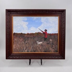 Vintage Hunter and Retriever Sporting Scene Oil Painting in Carved Wood Frame